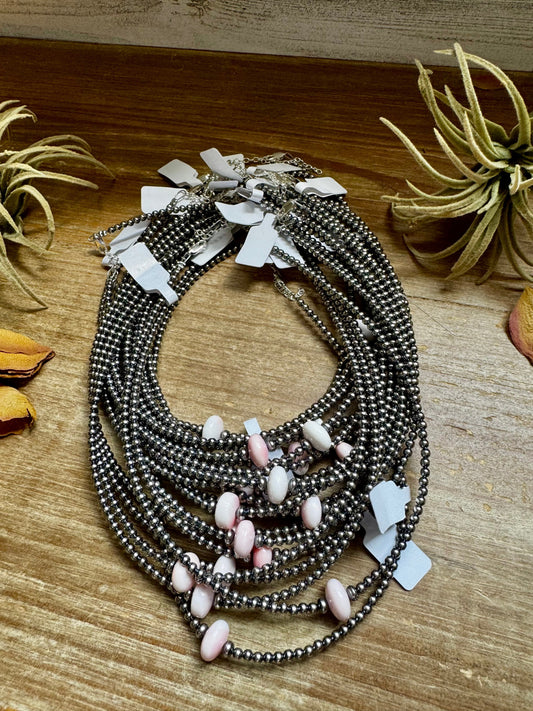 Sterling Silver Pearl Choker – Pink Conch Saucer Center – 14.5" + Extender