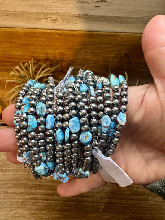 Golden Hill Turquoise Bracelet – 5mm Sterling Silver Pearls