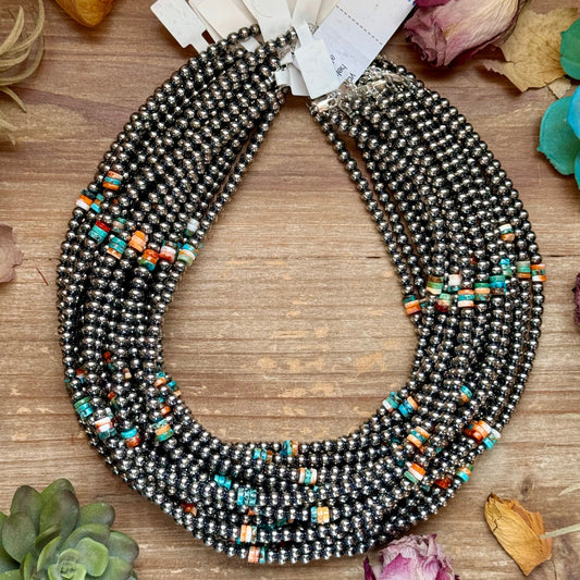 Mixed Turquoise & Spiny Oyster Heishi Necklace – 19”