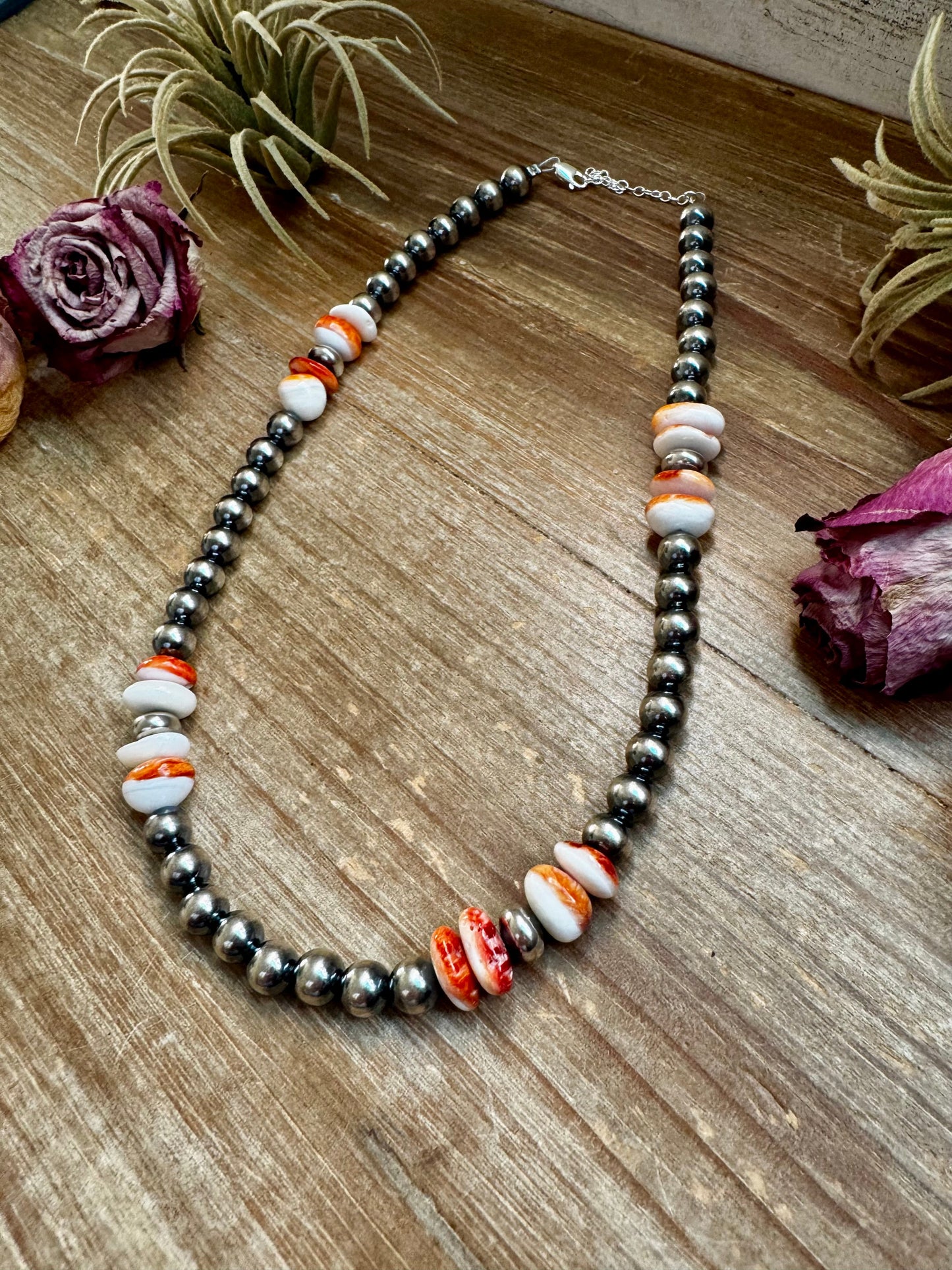 Spiny Oyster &amp; Sterling Silver Pearl Necklace – 8mm – Handmade by The Bijoux FAB – 17.5"