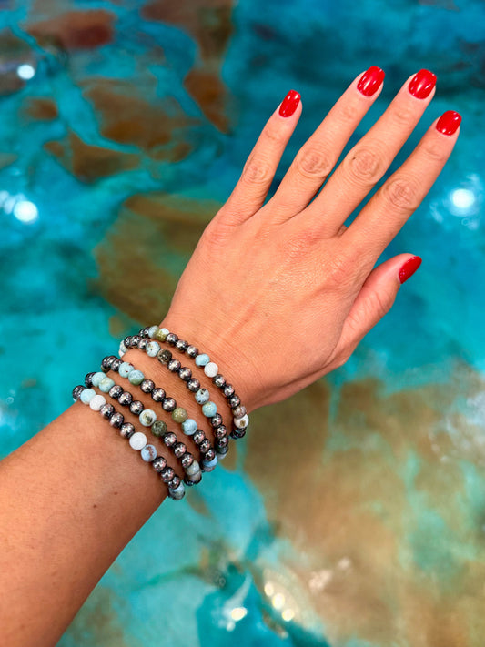 Sterling Silver & Larimar Bracelet  – 6 mm Beads