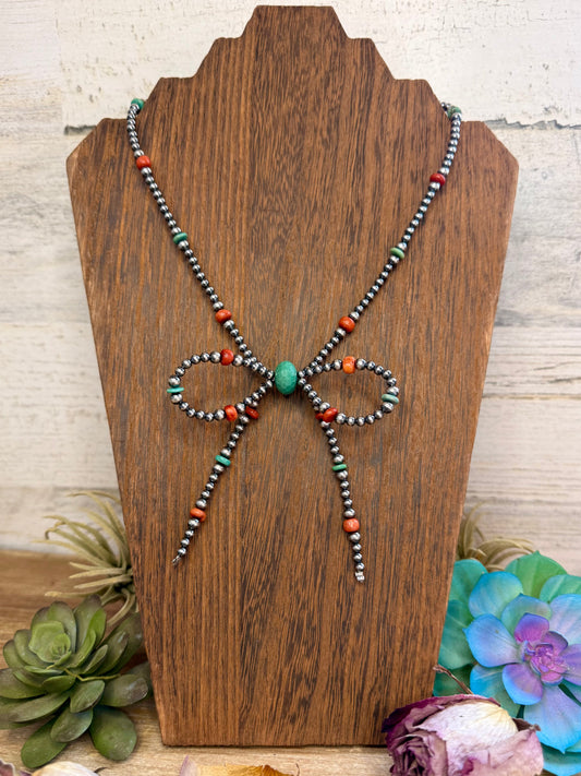 Sterling Silver Pearl “Bow” Necklace – 19” + 2” Extender – 4 mm & 5 mm Pearls with Turquoise & Dyed Coral