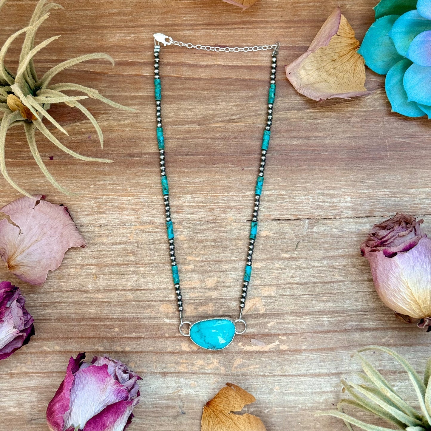 Sterling Silver Pearl & Turquoise Choker – 13” + 2” Extender – In-House Silversmithing – One of a Kind