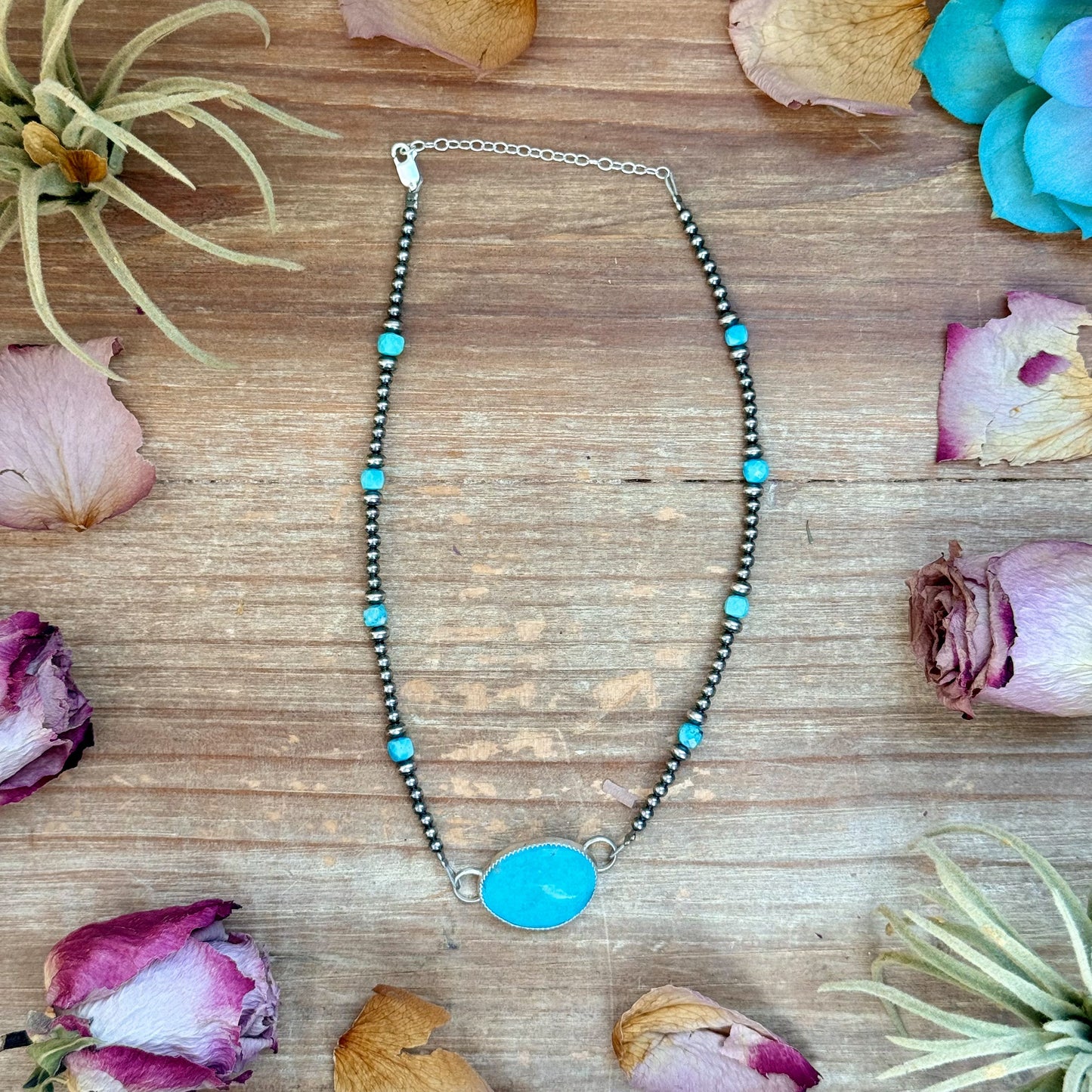 Sterling Silver Pearl & Turquoise Choker – 13” + 2” Extender – In-House Silversmithing – One of a Kind