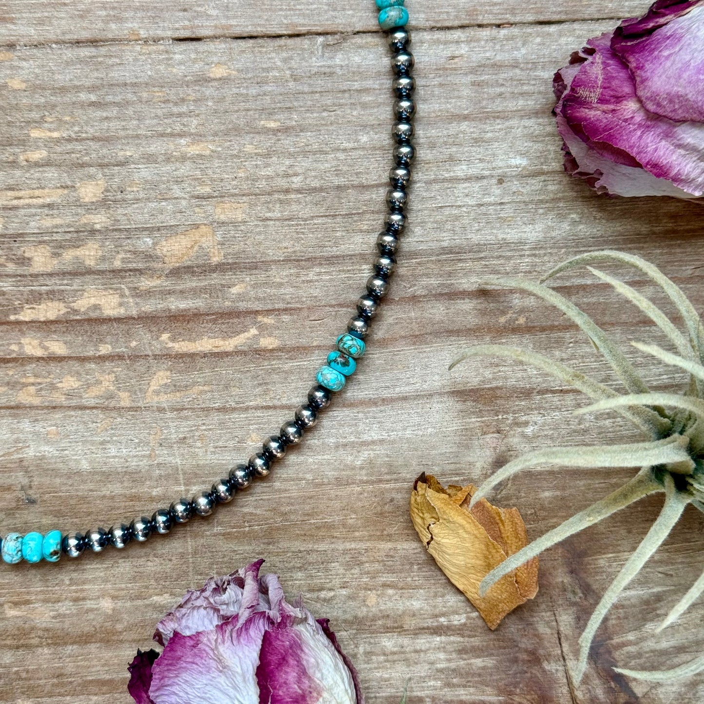 Sterling Silver Pearl Necklace with Turquoise & Variscite Rondelles – 19.5”