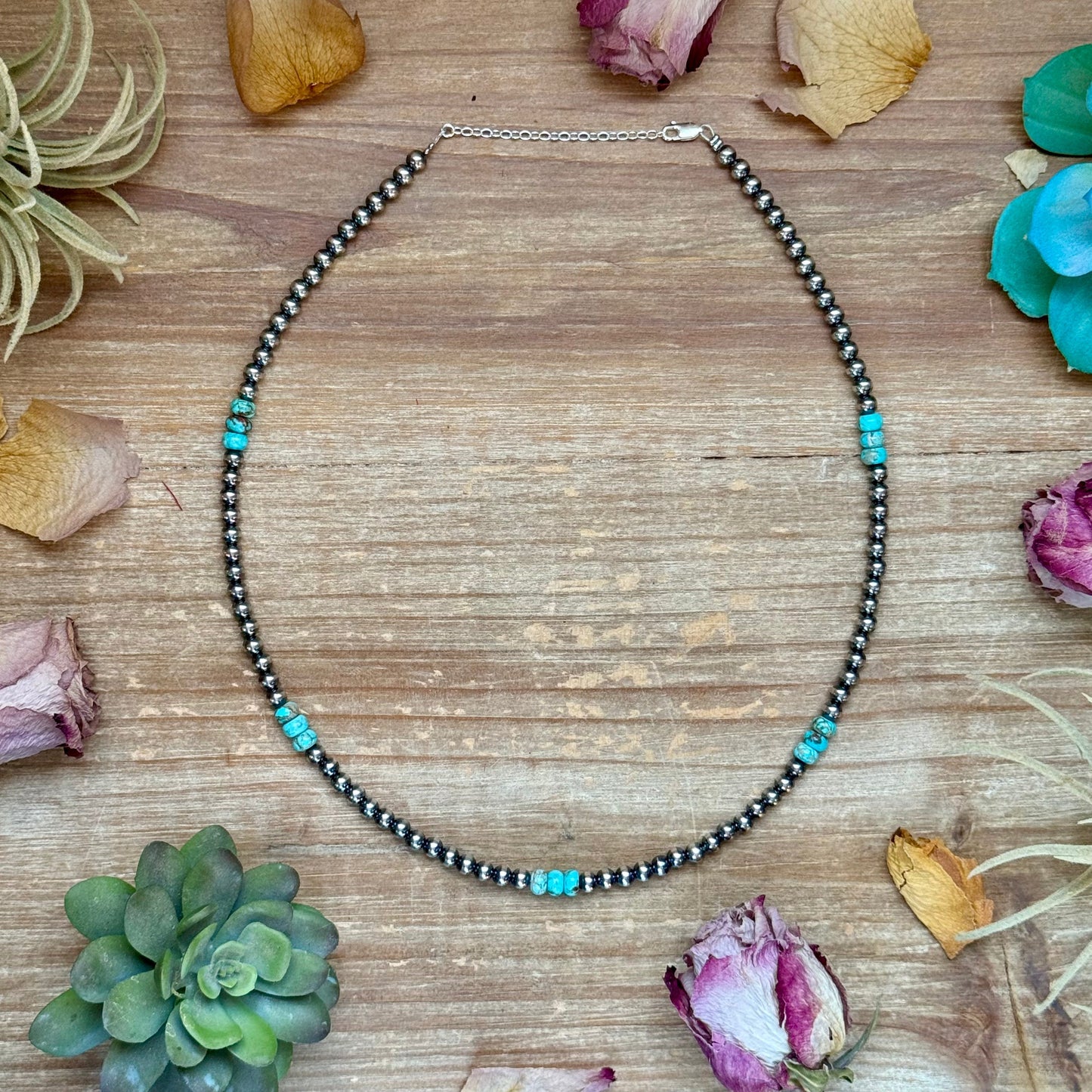 Sterling Silver Pearl Necklace with Turquoise & Variscite Rondelles – 19.5”