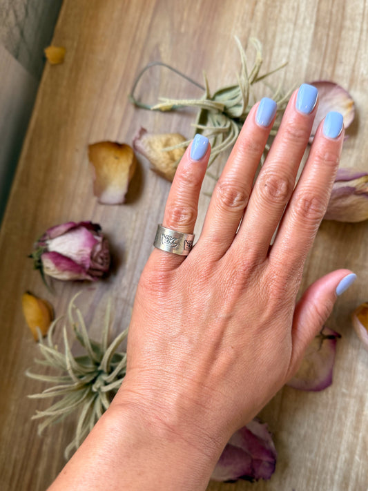Sterling Silver Hand-Milled Wide Band “Poke the Bear” Stamped Ring – Size 5.5 – Handmade by Artist Jason Ogg